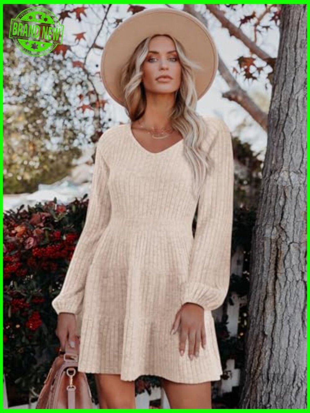 Long Sleeve V Neck Ribbed Knit Babydoll Tiered Mini Sweater Dress - Picture 2 of 7